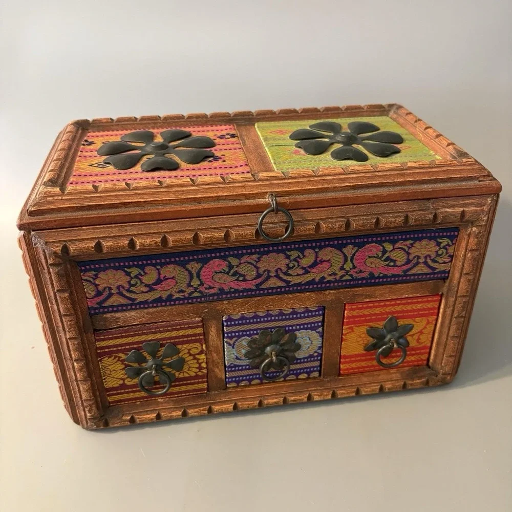 Vintage  Carved Wooden Spice Storage Jewelry Box Chest Indian Hippie Boho Heavy